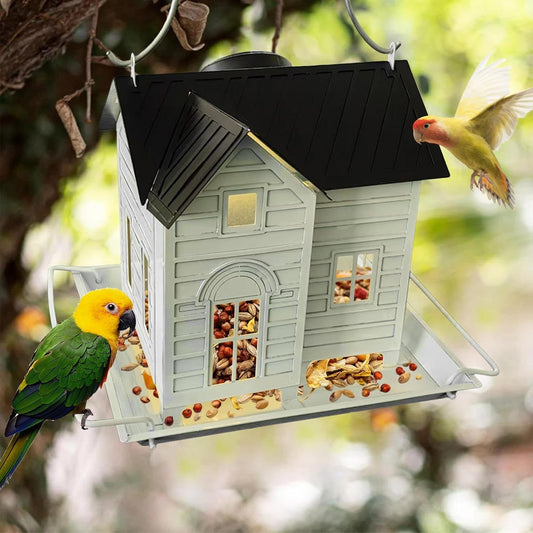 Solar Cabin Bird Feeder, Birdhouse Bird Feeders for Outdoors Hanging, Metal Finch Food Dispenser with Solar Powered Lantern for Garden, Balcony, Patio