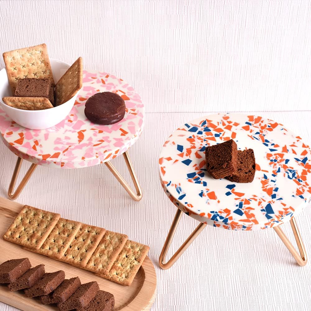 Indian Shelf Wedding Cake Stands | Wood and Resin Wooden Plant Stand | Terrazzo Reusable Cheese Dessert Fruit Serving Stand [Pink and Orange, 2 Pack]