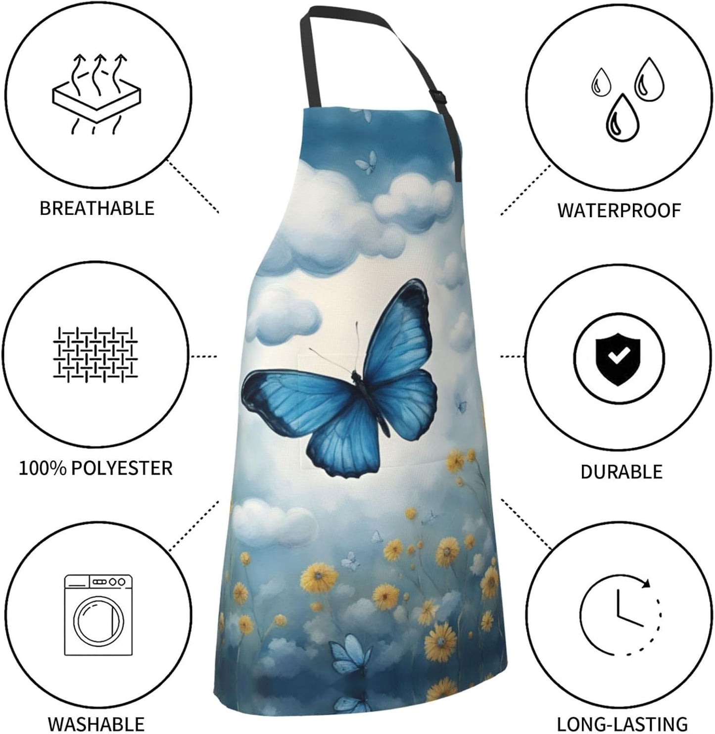 blue butterfly and Clouds print Waterproof chef's apron with pocket apron for kitchen cooking baking barbecue and gardening