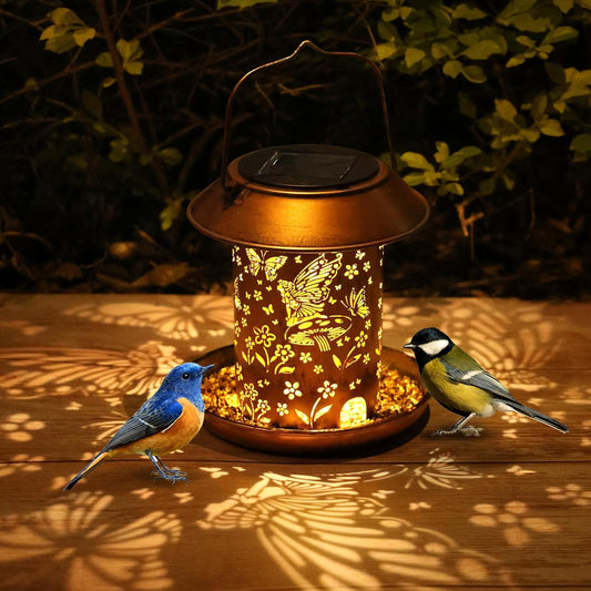 Solar Bird Feeders for Outdoors Hanging Metal Waterproof Outdoor Butterfly Lantern Wild Bird Feeder Weather Resistant Gifts for Women Friends,Yard,Patio,Porch,Balcony