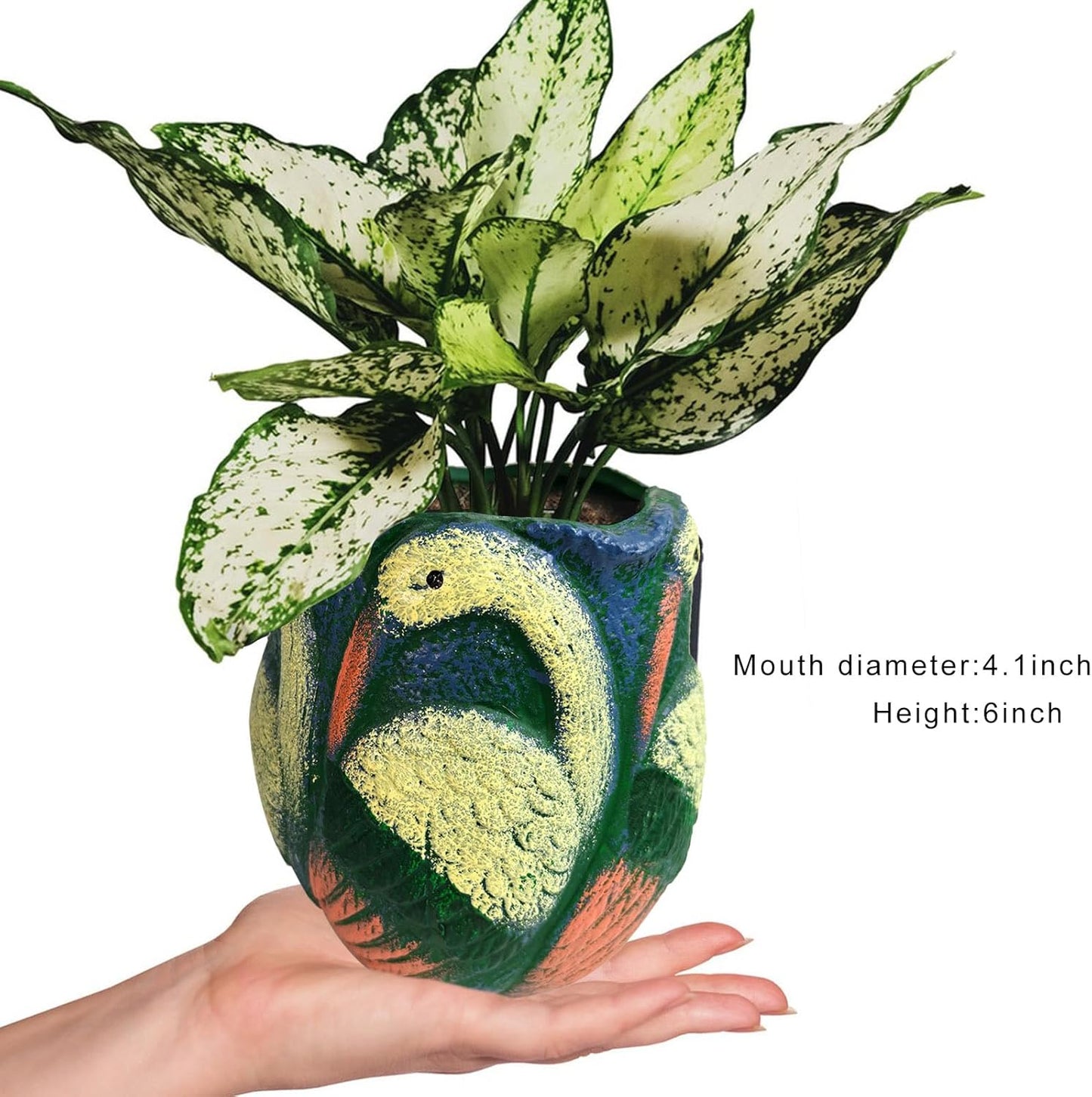 Ceramic Flowerpot with Bird Glaze Patterns,Vintage-Inspired Oval Thick Green Glaze Cylindrical Planter for Succulents Indoor Outdoor Decor