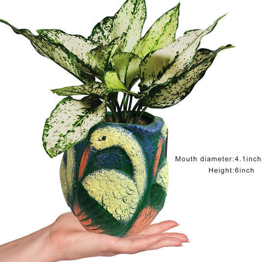Ceramic Flowerpot with Bird Glaze Patterns,Vintage-Inspired Oval Thick Green Glaze Cylindrical Planter for Succulents Indoor Outdoor Decor