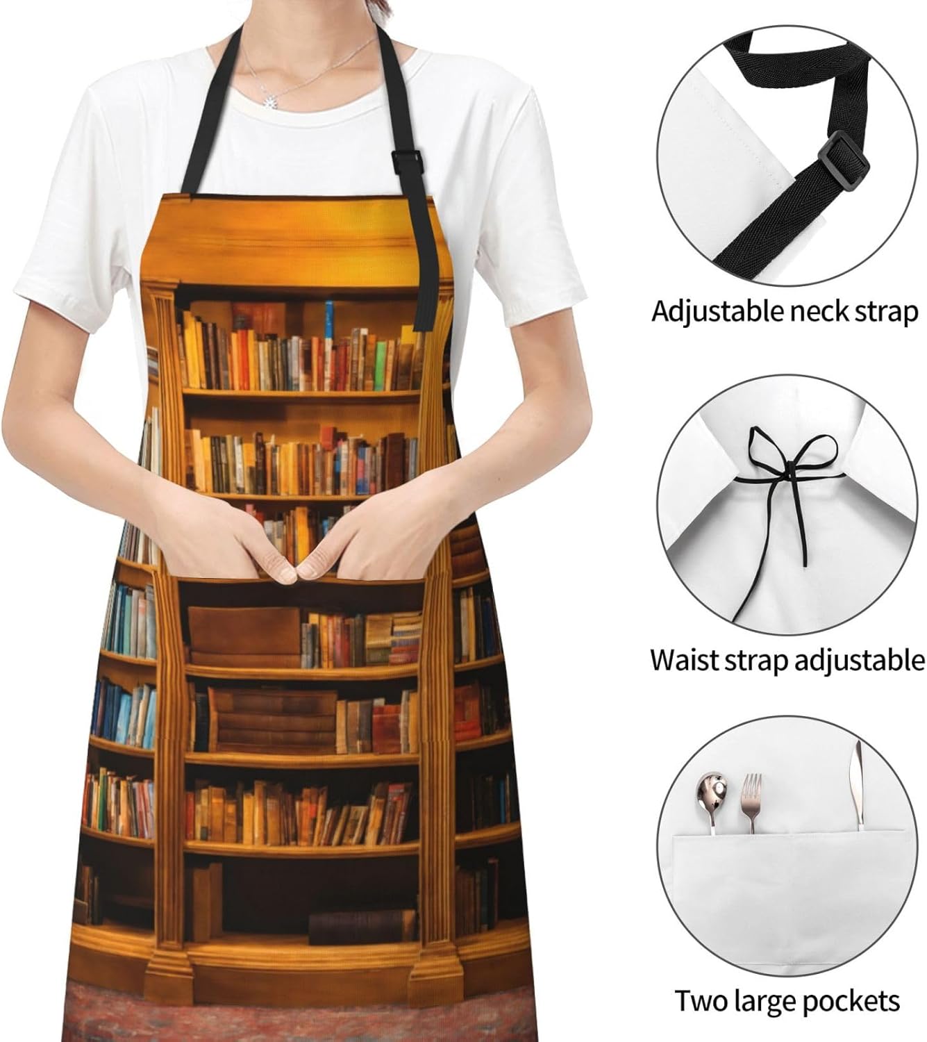 books Print Laundry apron 28x33 In Waterproof Kitchen Apron with Pockets for Cooking Baking