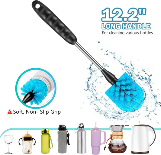 12.2 inch Bottle Brush Set of Three，Washable Coffee Cups, Water Bottles, Baby Bottles, Straws, to-go Cups, Long-Handled 3-in-1 Stainless Steel Bottle Brushes.