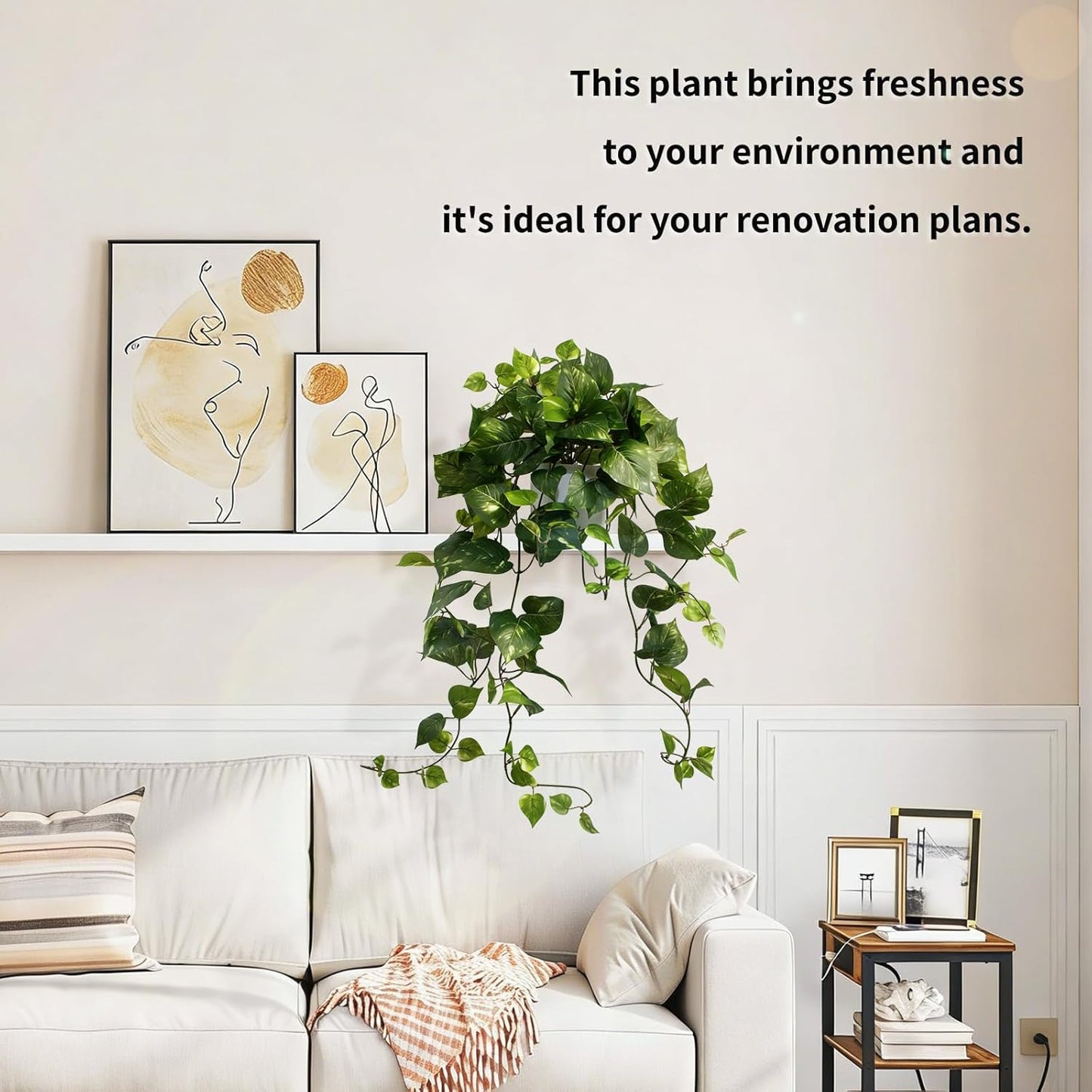 LOYWREE Artificial Plants Fake Pothos in Plastic Pot - Artificial Scindapsus Aureus Faux Potted Plant with Trailing Vines for Indoor Outdoor Decor, Home Office Bedroom Shelf Decoration（White Pot）