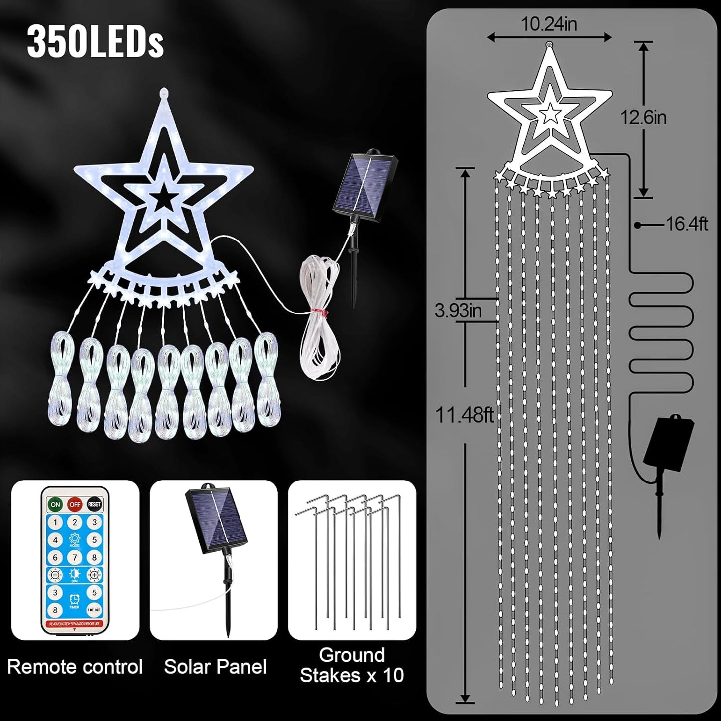 HELESIN Solar Outdoor Christmas Decorations Lights, 350LED Christmas Star Tree Light wth Remote Control, 8 Modes Waterfall Lights USB Charge for Holiday Xmas Tree Patio Yard Decor, Cold White