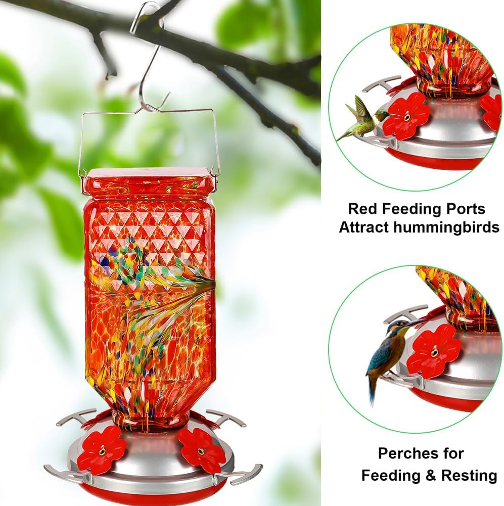 Hand Blown Glass Hummingbird Feeder for Outdoors Hanging Square Chaning Color 38 OZ Humming Birds Feeders with Accessories Gift for Women Mom (Red)