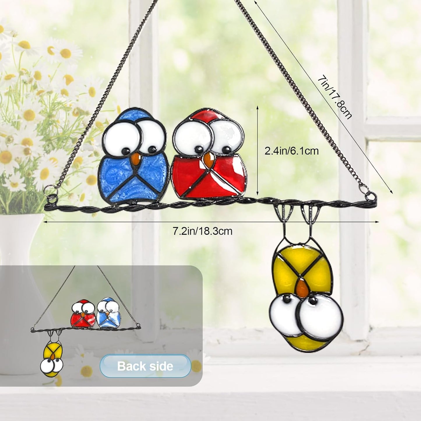 Stained Glass Birds Window Hangings, Multicolor 3 Owls Double-Side Stained Glass Hummingbird Decorations,Bird Suncatcher for Window Home Garden Decor Hummingbird Gifts for Bird Lovers (Yellow)