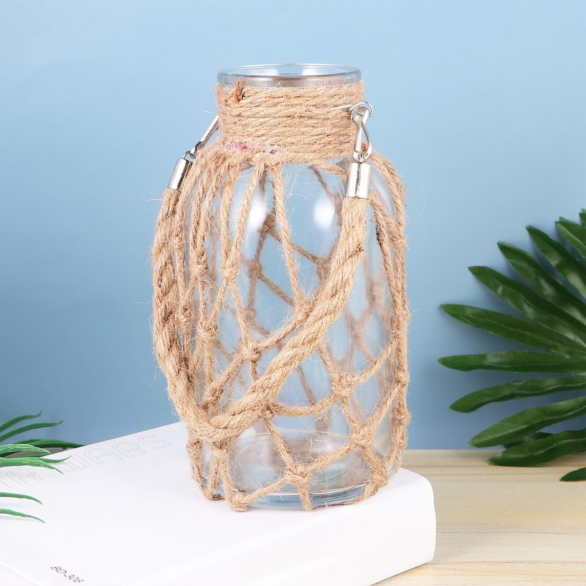 Milisten Rope Glass Vase Hydroponics Flower Pot with Natural Jute Twine Decorative Planter for Home Living Room Office Green Plant Container