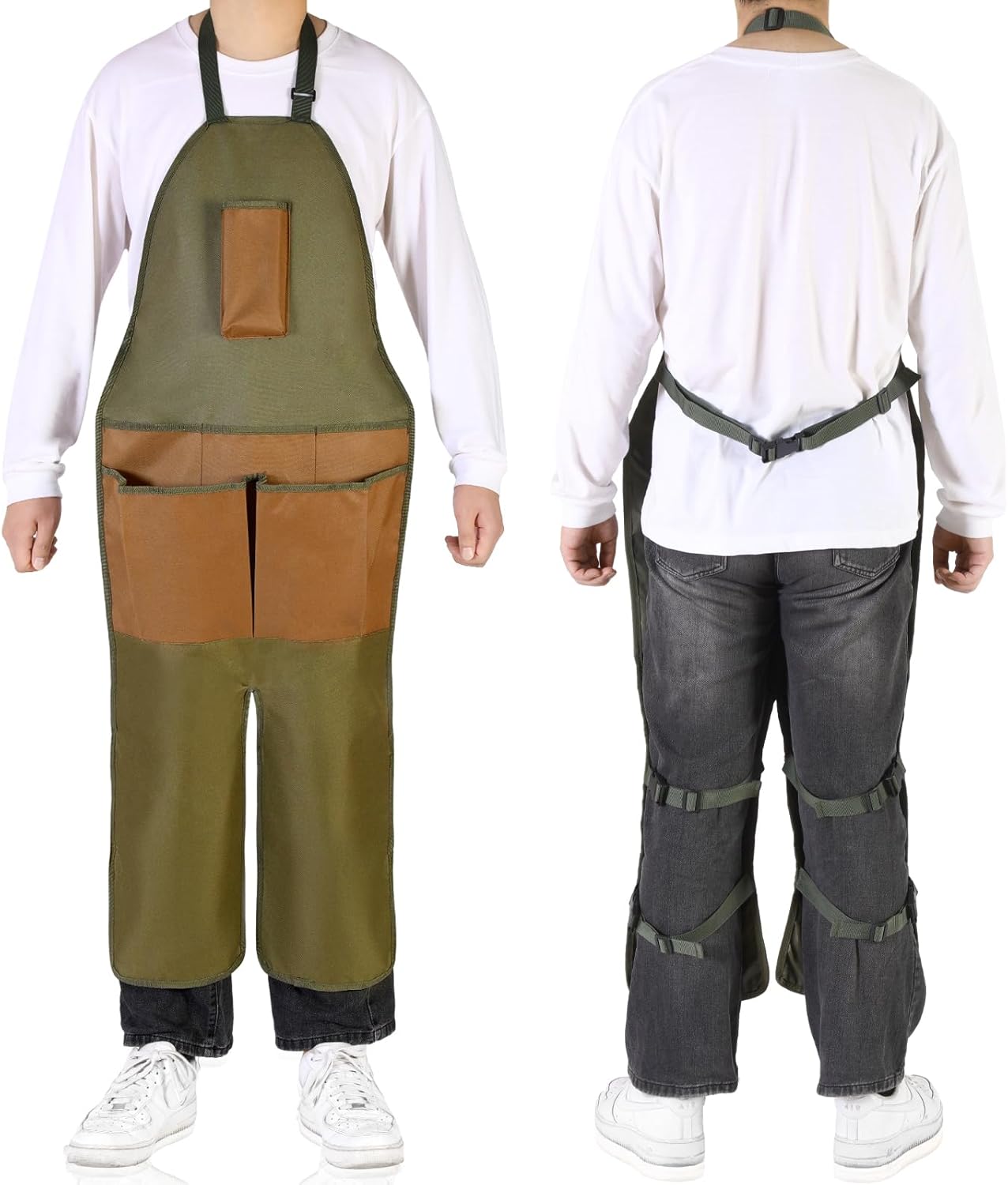 Gardening Apron Adjustable Legs Waterproof Apron with 6 Release Pockets Army Green Adjustable Buckle for Gardening Woodworking Pottery BBQ Cafe Kitchen Painting Carpenter Work