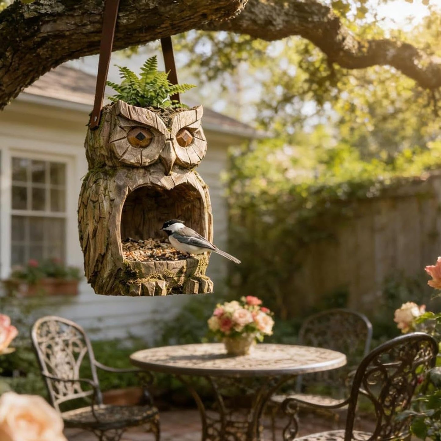 Owl Shaped Bird Feeder - Resin Owl Statue, Sparrow Feeding Station for Displaying, Premium Quality Garden Set, Sculpting Tool with Weather-Resistant Coating, Versatile Outdoor Aid for Nourishing
