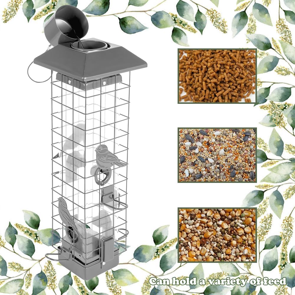 Squirrel Proof Bird Feeders for Outdoors, Metal Wild Bird Feeder for Outside Hanging, 4 Ports Perches, 3LB Large Capacity(Gray)