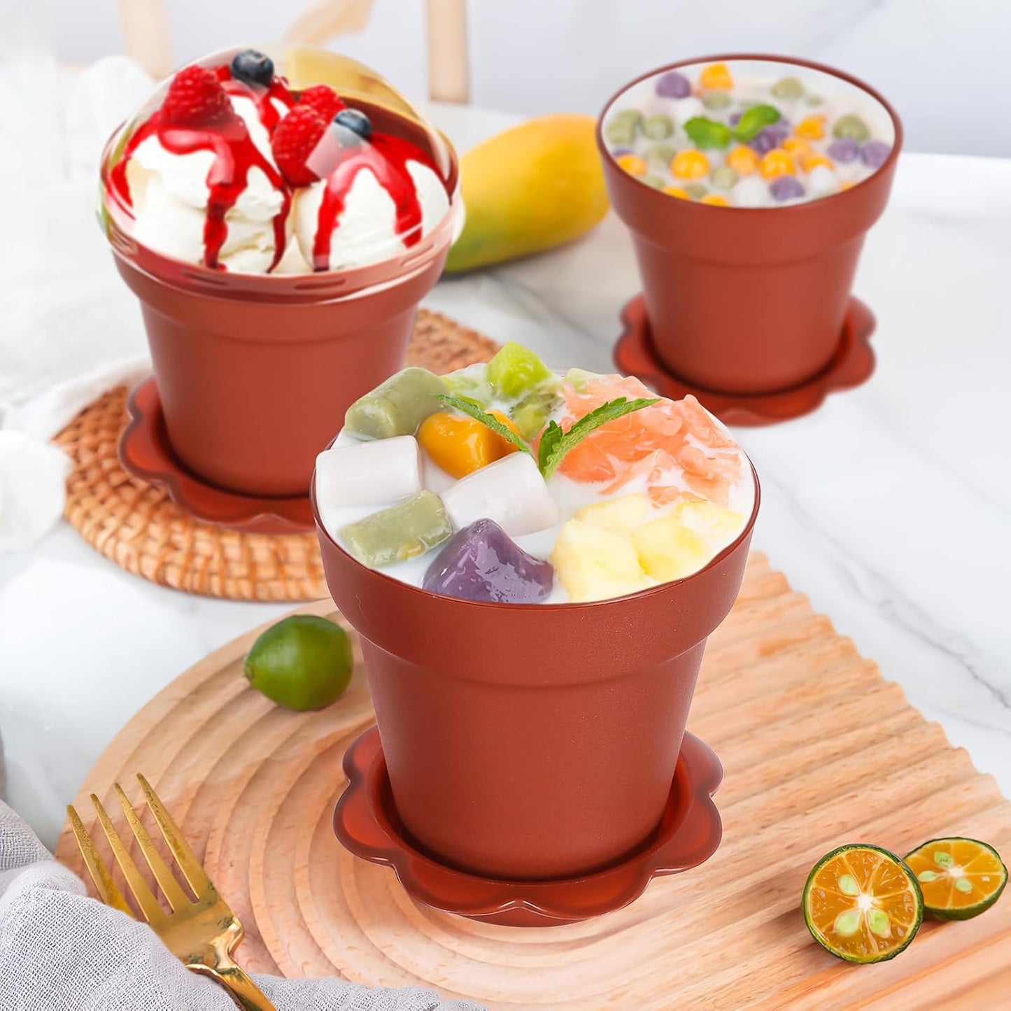 DOITOOL 20 Pack Flower Pot Dessert Cups with Lids and Spoons, 6.7 oz Mini Plastic Chocolate Pudding Cups, Cute Mini Flowerpot for Ice Cream, Dirt Cake, Fruit Trifles, Pudding, Yogurt, Mousse