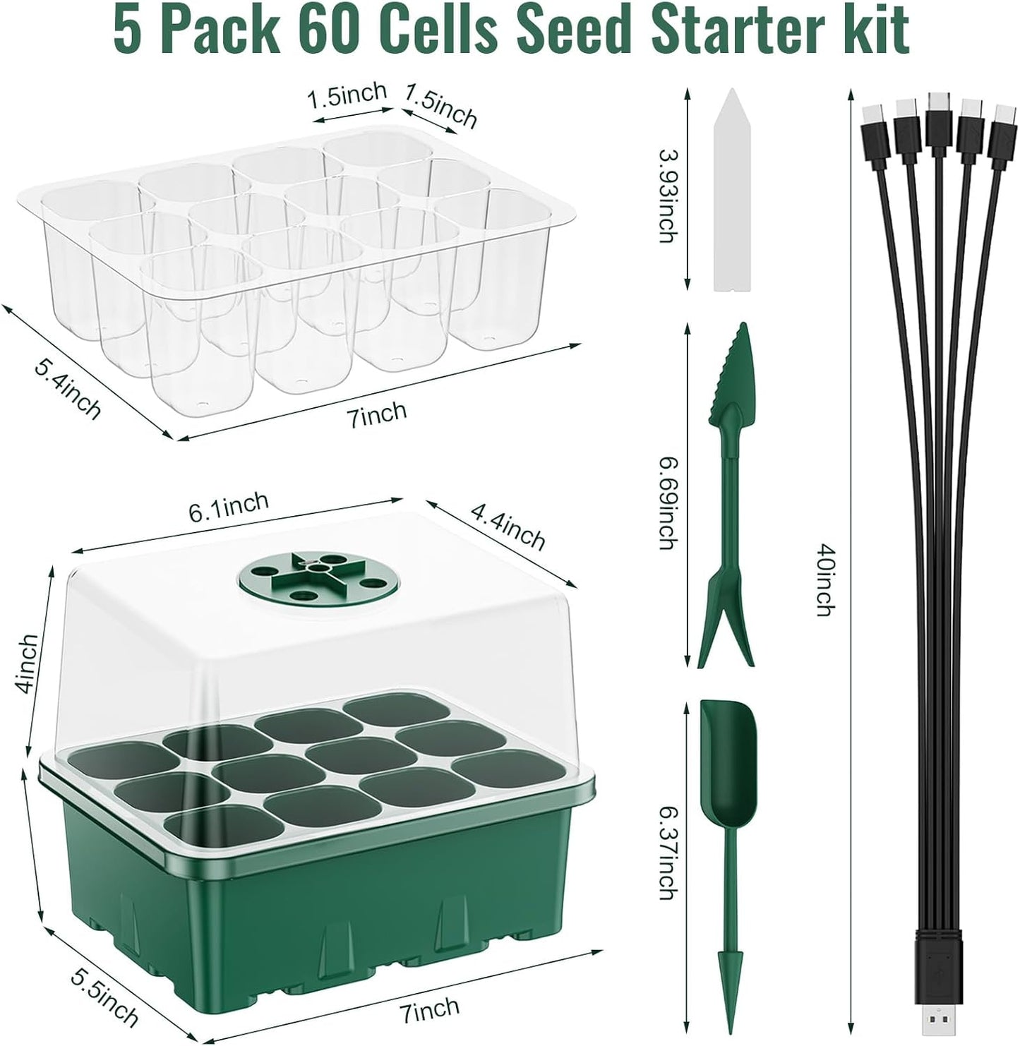 NBPLUS Seed Starter Tray with Grow Light, 5 Pack 60 Cells Seed Starter