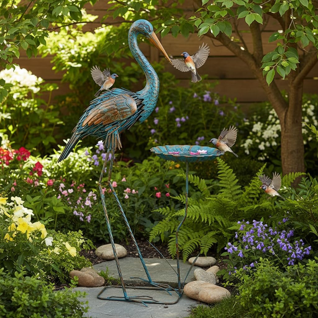 Metal Crane Garden Statue for Outside, Large Heron Outdoor Statues with Leaf Tray, Elegant Crane Yard Art Garden Decor for Garden Yard, Porch(39.37 Tall)