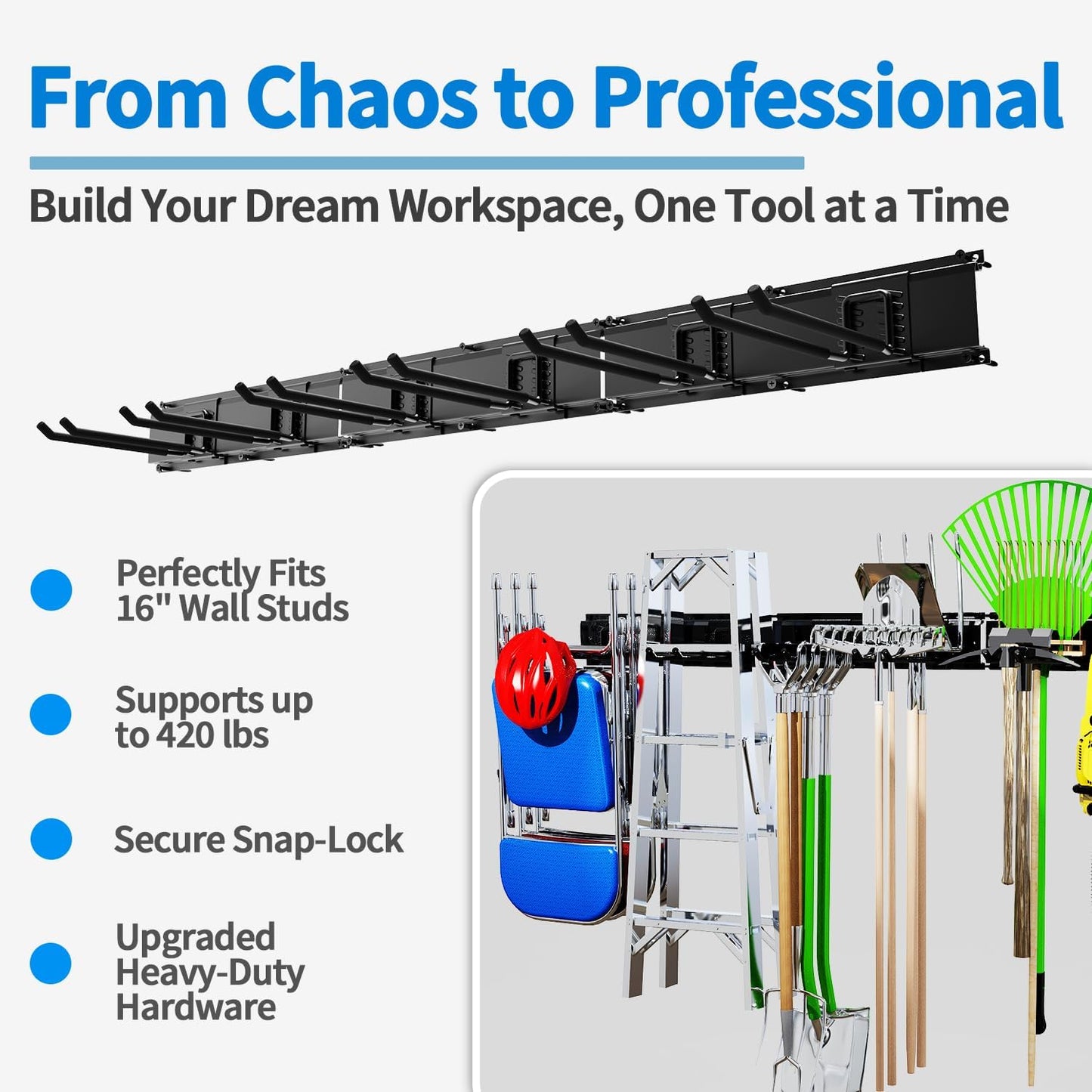 Garage Tool Organizer Wall Mount 48" Heavy Duty Utility Storage Rack Hold Up to 420lbs- Shovel, Rake, Folding Chair, Lawn, Yard, Garden Tools