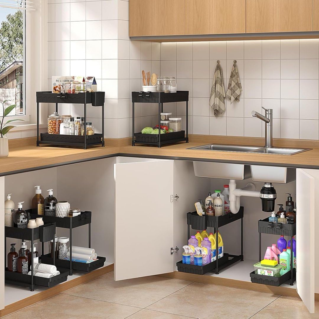 3 Pack Under Sink Organizers,2-Tier Multi-Use Kitchen and Bathroom Org