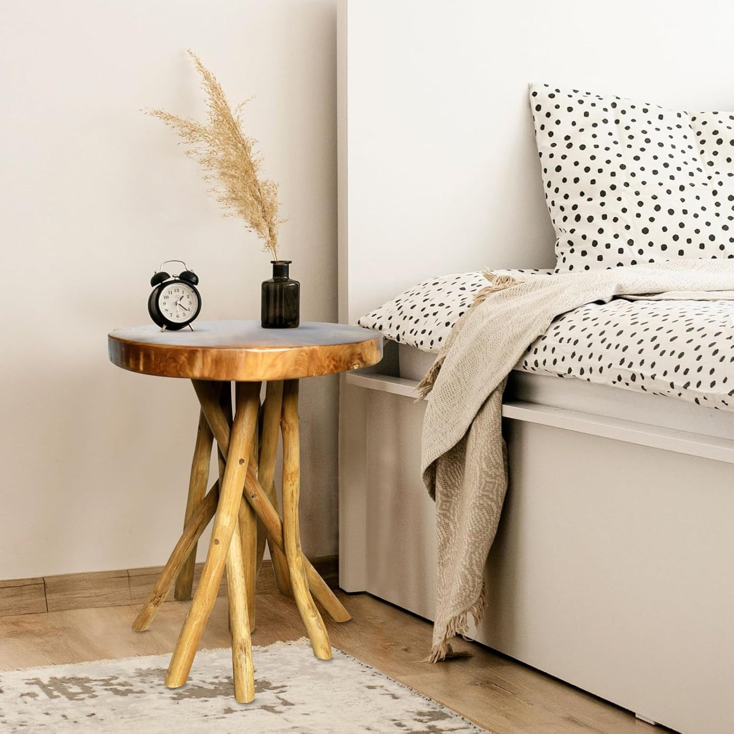 WELLAND Teak Wood Stick Leg End Table, 16" L x 16" W x 20" H Rustic Side Table, Small Accent Table, Plant Stand for Living Room, Bedroom, Home Office