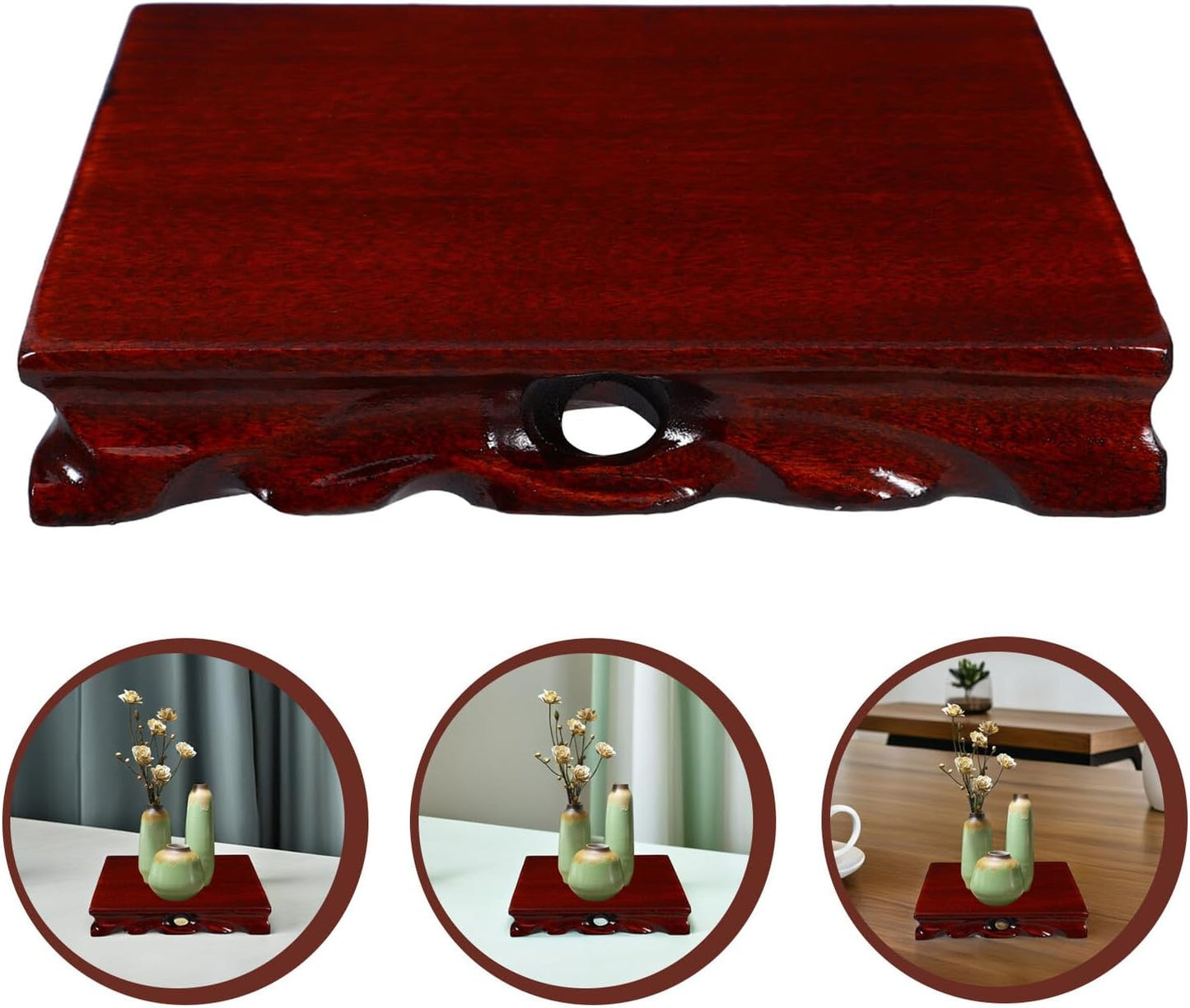 Milisten Square Solid Wood Carved Pedestal Base 16x2.7cm Small Planter Tray Bonsai Stand Wood Plant Pot Base Decorative Display Stand for Indoor Home Décor