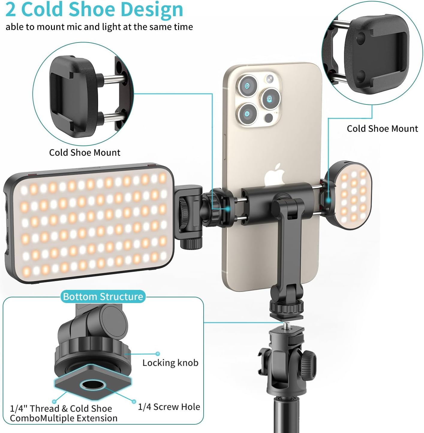 Phone Tripod Mount Holder for iPhone - 2 Cold Shoe and 1/4" Screw, 360