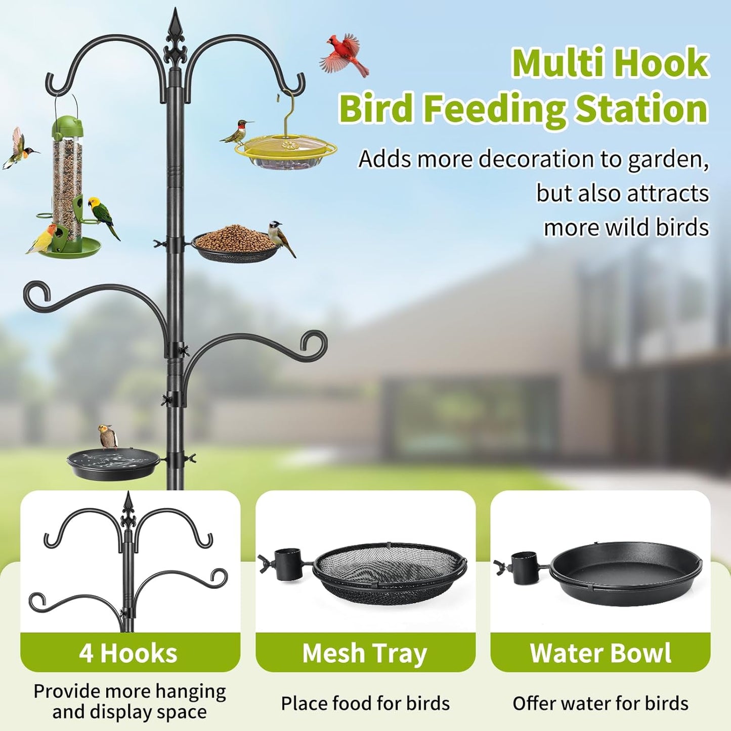 Bird Feeding Station, 88In Bird Feeder Pole Stand 4 Hook Heavy Duty Hummingbird Feeder Hanger Shepherds Hook for Outdoor, with Birds Bath and Mesh Tray, Black 1 Pack