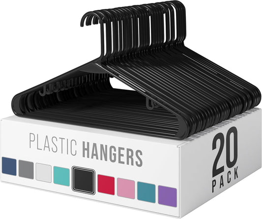 Plastic Hangers 20 Pack Black - Clothes Hangers - Makes The Perfect Coat Hanger and General Space Saving Clothes Hangers for Closet - Percheros Ganchos para Colgar Ropa Hangars