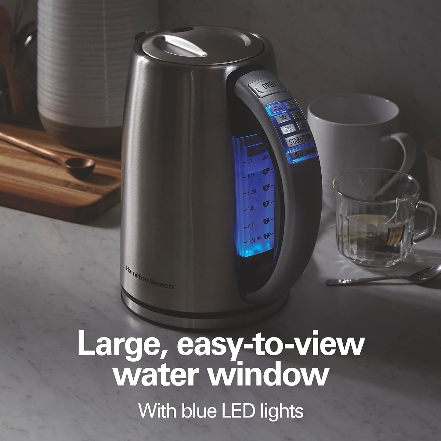 Hamilton Beach 1.7 Liter Temperature Control Electric Kettle, Water Boiler & Heater, Fast Boiling 1500 Watts, BPA Free, Cordless, Auto-Shutoff and Boil-Dry Protection, Stainless Steel (41020R)