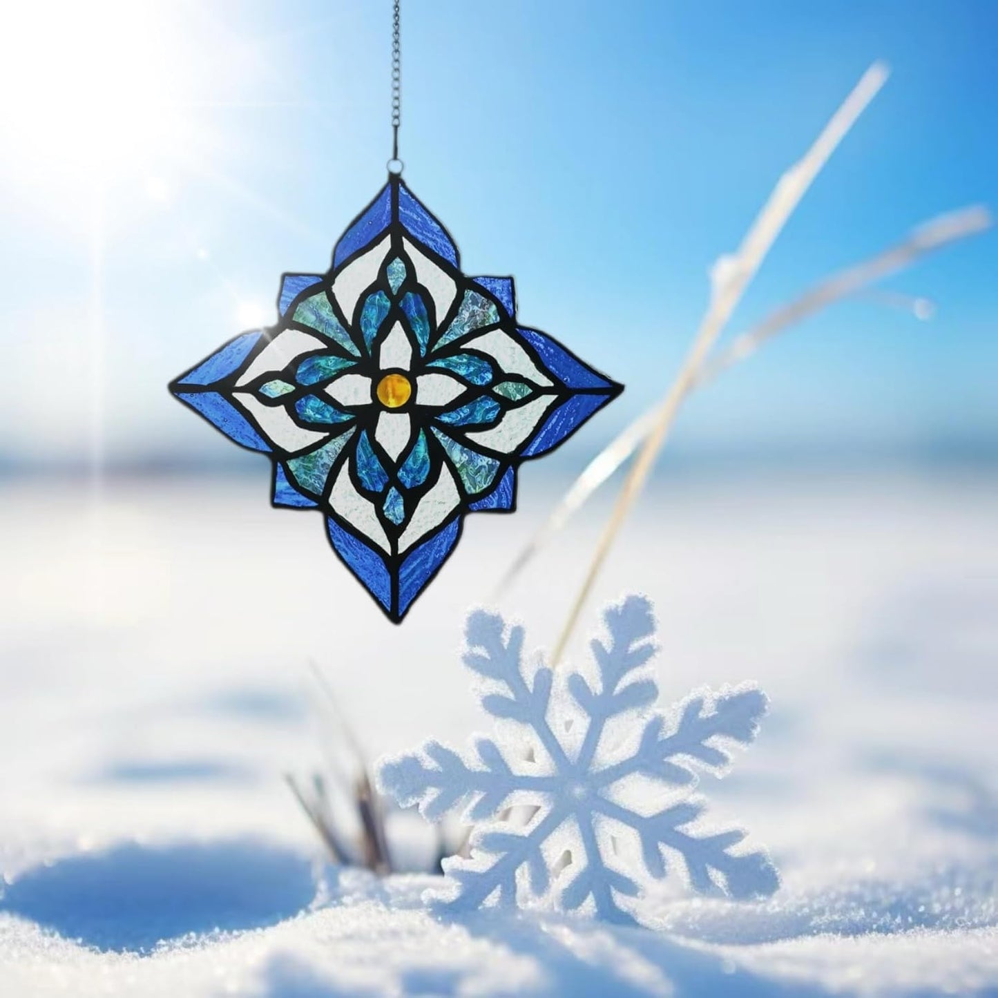 Stained Glass Window Hangings, Tiffany Style Window Panel Suncatchers Blue Art Flower
