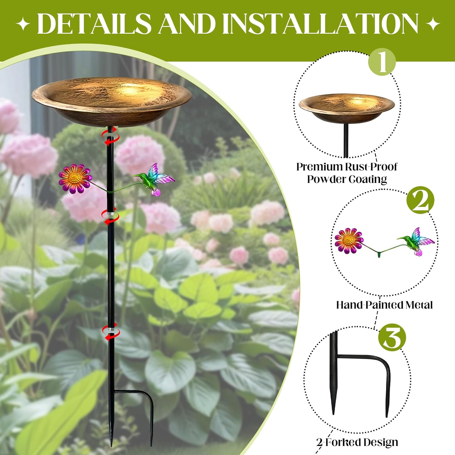 Bird Bath for Outdoors,Metal Freestanding Garden Bird Feeder with Deco