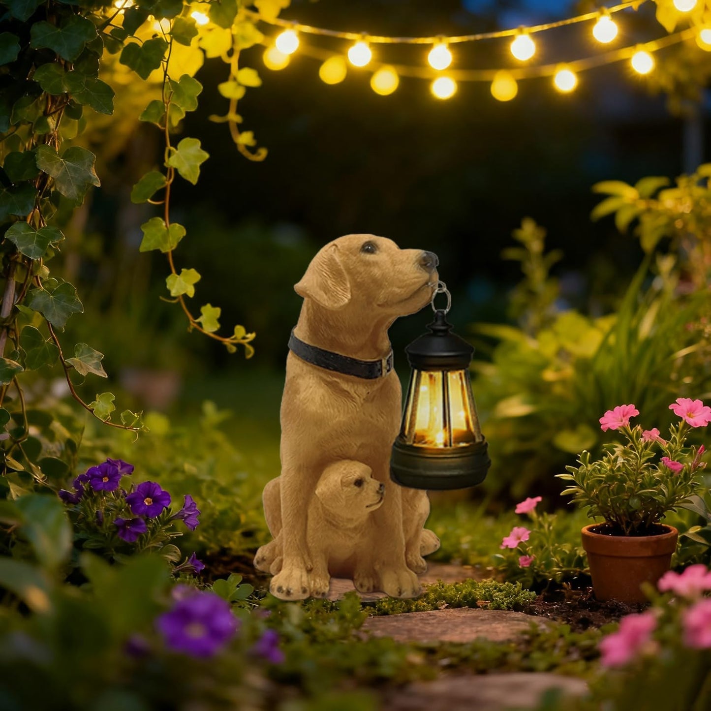 Garden Dog Statues with Solar Lantern, Outdoor Resin Figurine Solar Lights for Yard, Balcony & Porch Decor, Labrador Family Decoration Art Sculpture, Housewarming Garden Gift.(Labrador Family)