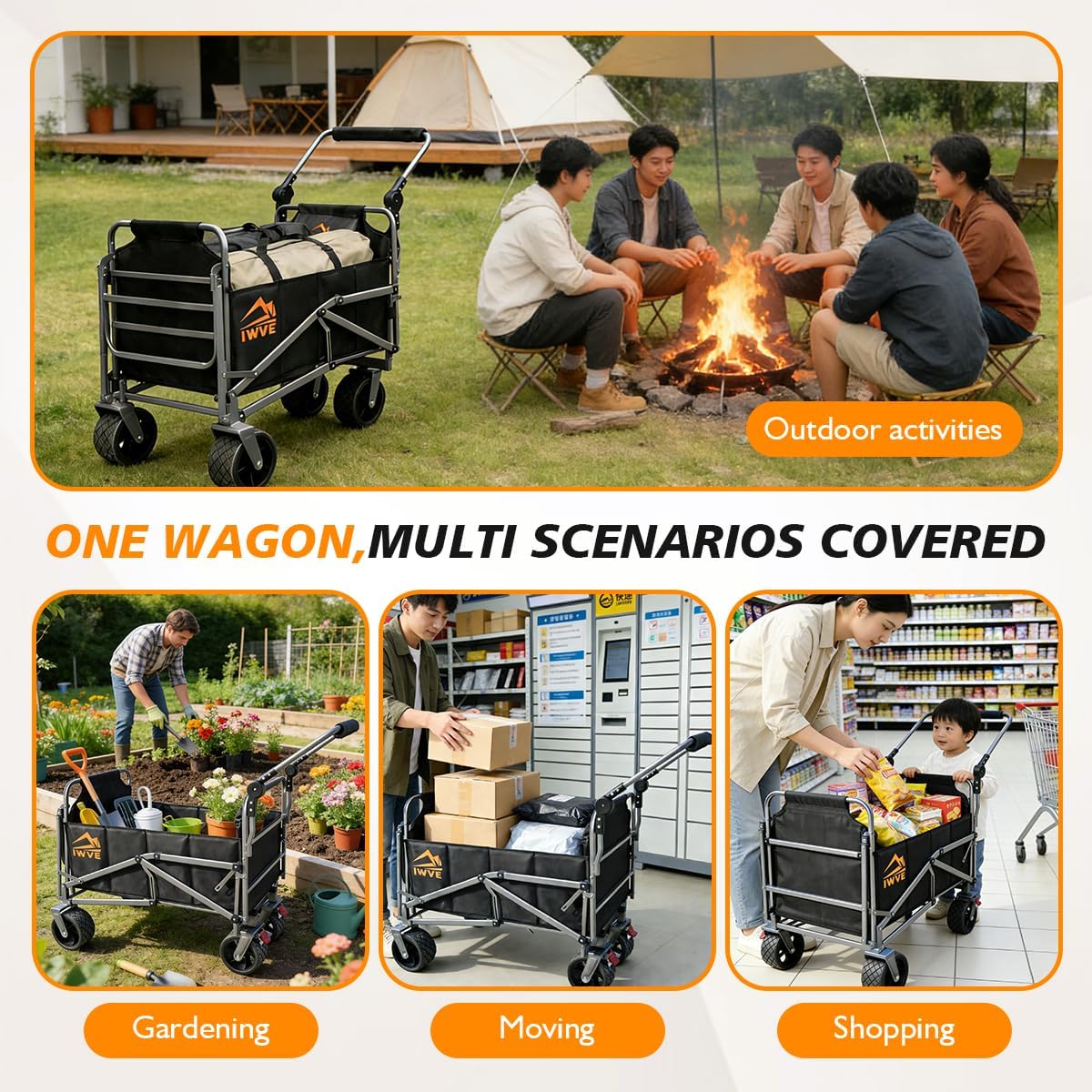 Heavy Duty Folding Wagon Cart 660 lb Capacity, 3-in-1 Collapsible Utility Wagon with Adjustable Handle and All-Terrain Wheels for Camping, Beach, Grocery, Outdoor Use