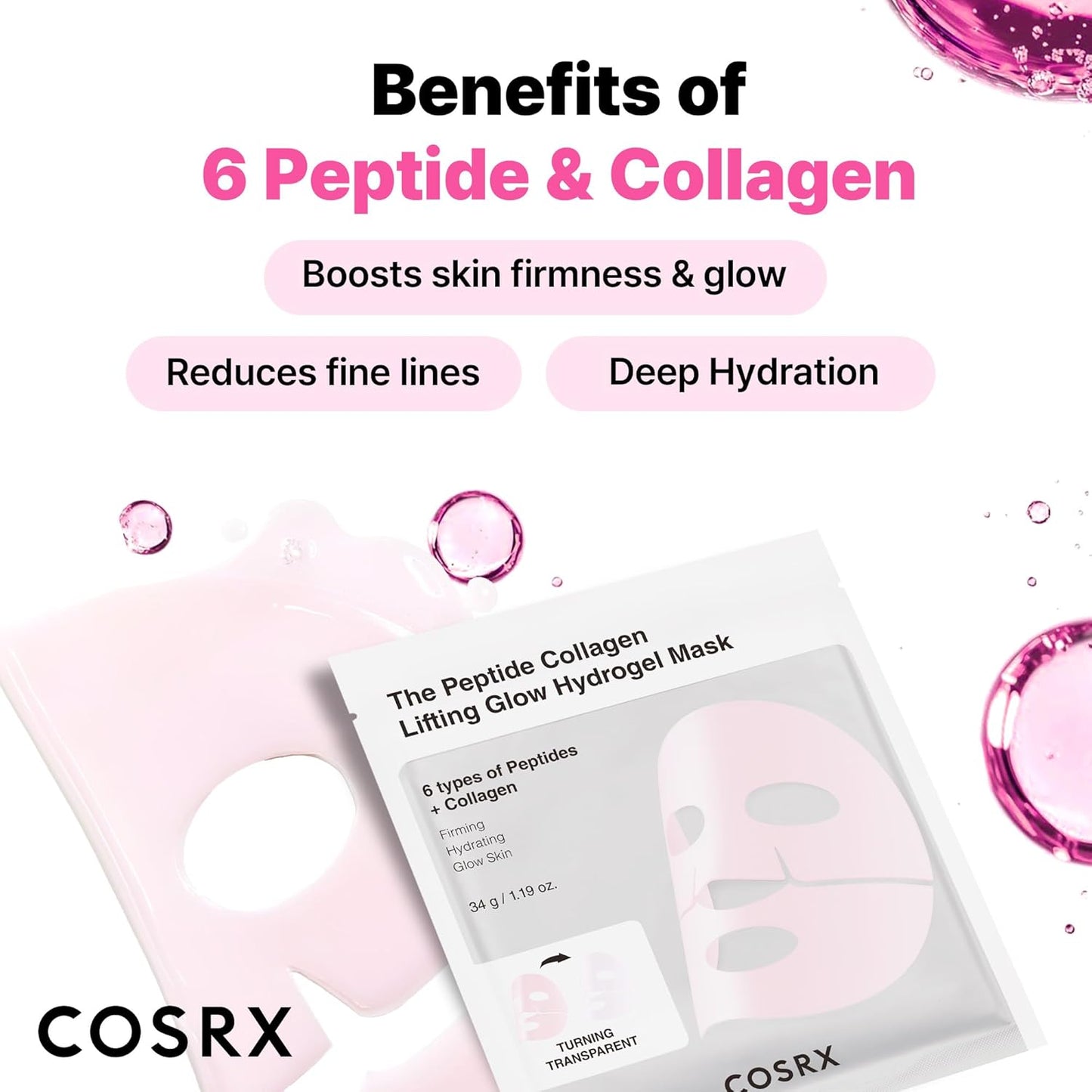 COSRX Pink Peptides Collagen Lifting Glow Hydrogel Face Masks Skincare