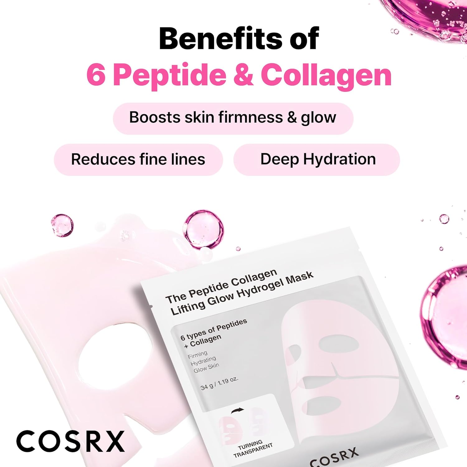 COSRX Pink Peptides Collagen Lifting Glow Hydrogel Face Masks Skincare