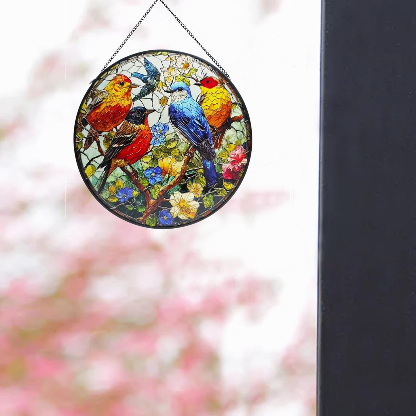 Birds on a Branch Stained Suncatcher for Windows Hanging, 7.8'' Animal Flower Scenery Stained Glass Window Hanging Home Garden Decor, Hand-Painted Glass Gifts for Birds Lovers, Mom