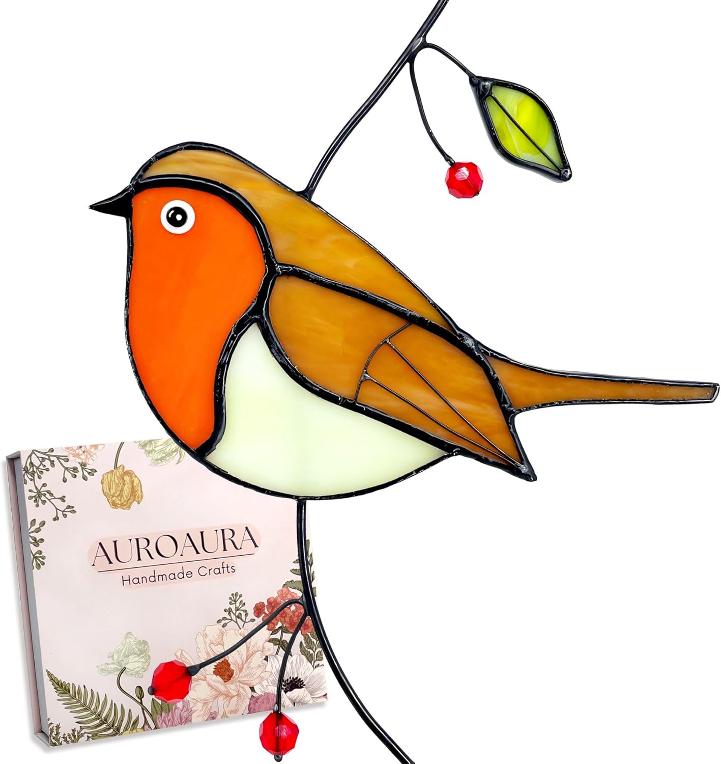 Robin Stained Glass Window Hanging - Handmade Real Glass Robins Suncatcher - Gifts for Women, Mom, Grandma, Mother - Elegant Gifts Box Bird Sculpture Home Decor (H7.5xW5.1 Inch)