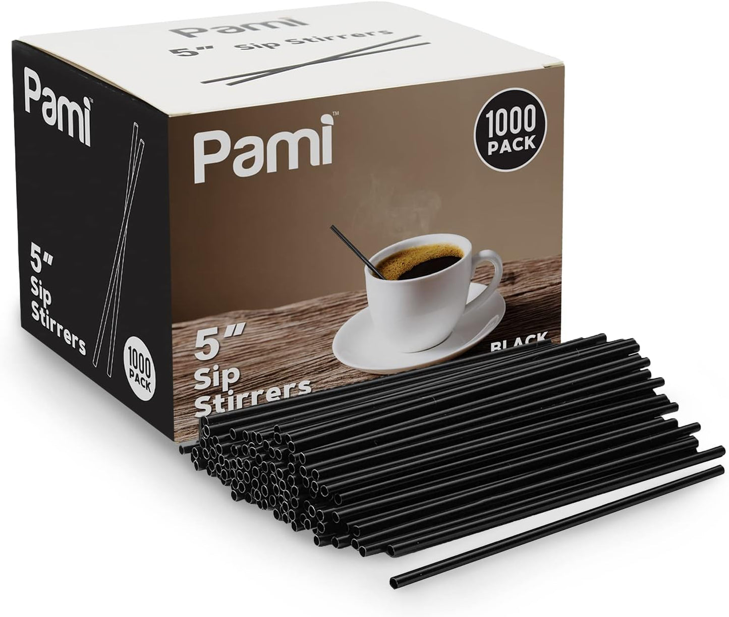 PAMI 1000 Black Stir Straws 5in Disposable Plastic Coffee Stirrers Swizzle Sticks for Cocktails, Hot & Cold Beverages (Black One Size)