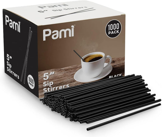 PAMI 1000 Black Stir Straws 5in Disposable Plastic Coffee Stirrers Swizzle Sticks for Cocktails, Hot & Cold Beverages (Black One Size)