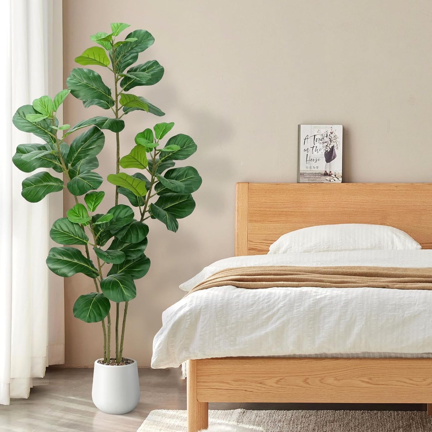 Artificial Fiddle Leaf Fig Tree with White Planter,6ft Tall Fake Plants with 4 Trunk,Faux Fig Trees Floor Plant in Pot,Fake Ficus Lyrata Trees for Indoor Living Room Bedroom Office Housewarming Gift