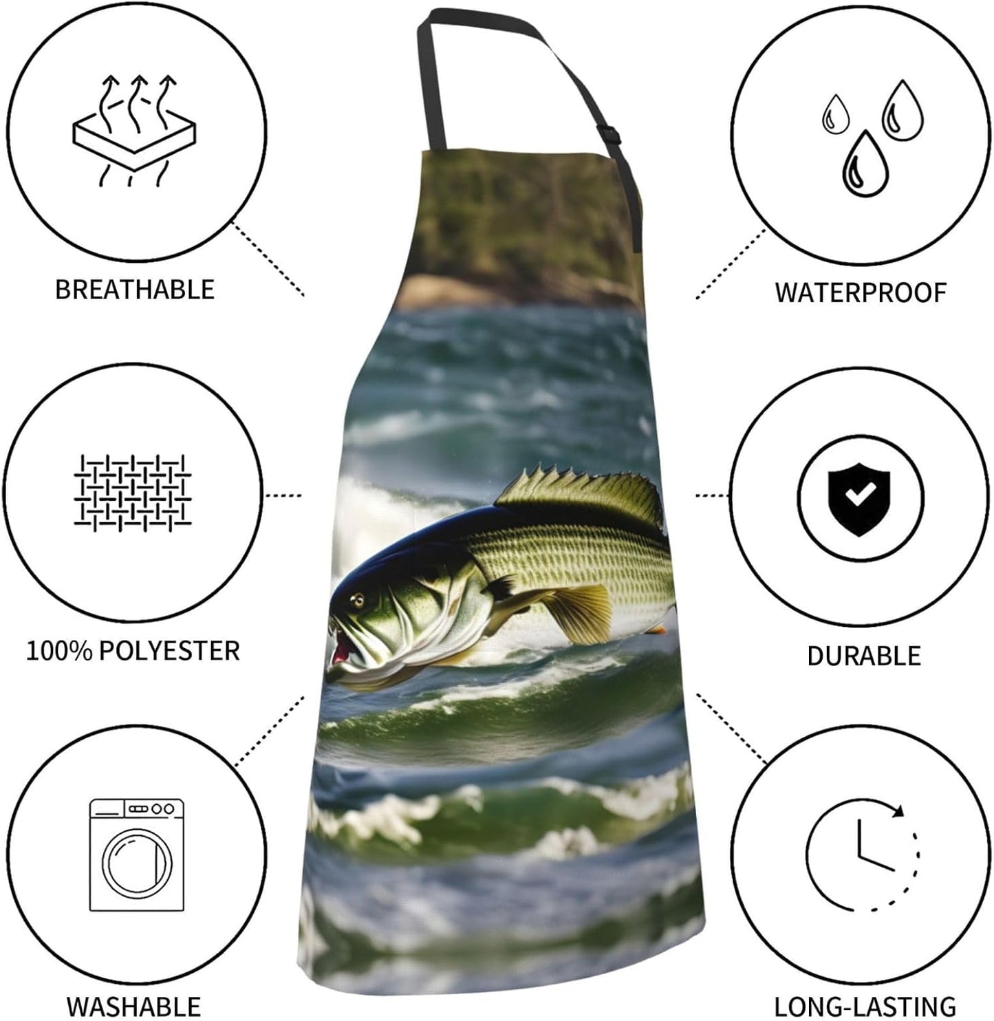 Bass Fishing Wave Print 28x33 In Adult Kitchen Apron with Pockets Versatile Chef Smock for Cooking Baking