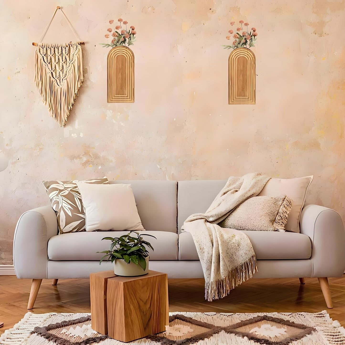 2 Pack Arched Wooden Wall Vases, Boho Wall Mounted Flower Vases with Ripple Texture, Modern Farmhouse Wall Decor for Dried Flowers, Greenery, Bathroom, Bedroom, Living Room (Natural Wood)