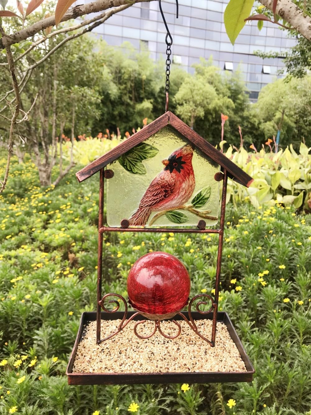 Bird Feeder for Outside Hanging,Outside Metal Wild Bird Feeders with Stained Glass for Garden Yard Outdoor Decoration,Gift Ideas for Bird Lovers (Red Cardinal)