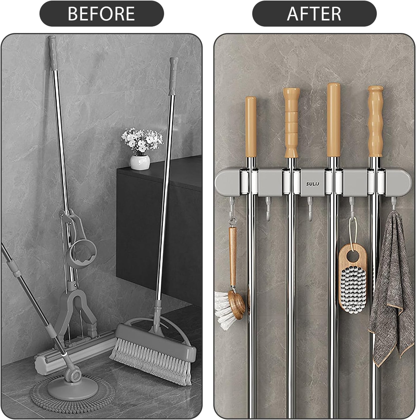 Mop and Broom Holder Wall Mount, 4 Racks and 5 Hooks Self Adhesive Garage Organizer Storage Tool Racks for Kitchen Garden Laundry (Grey)