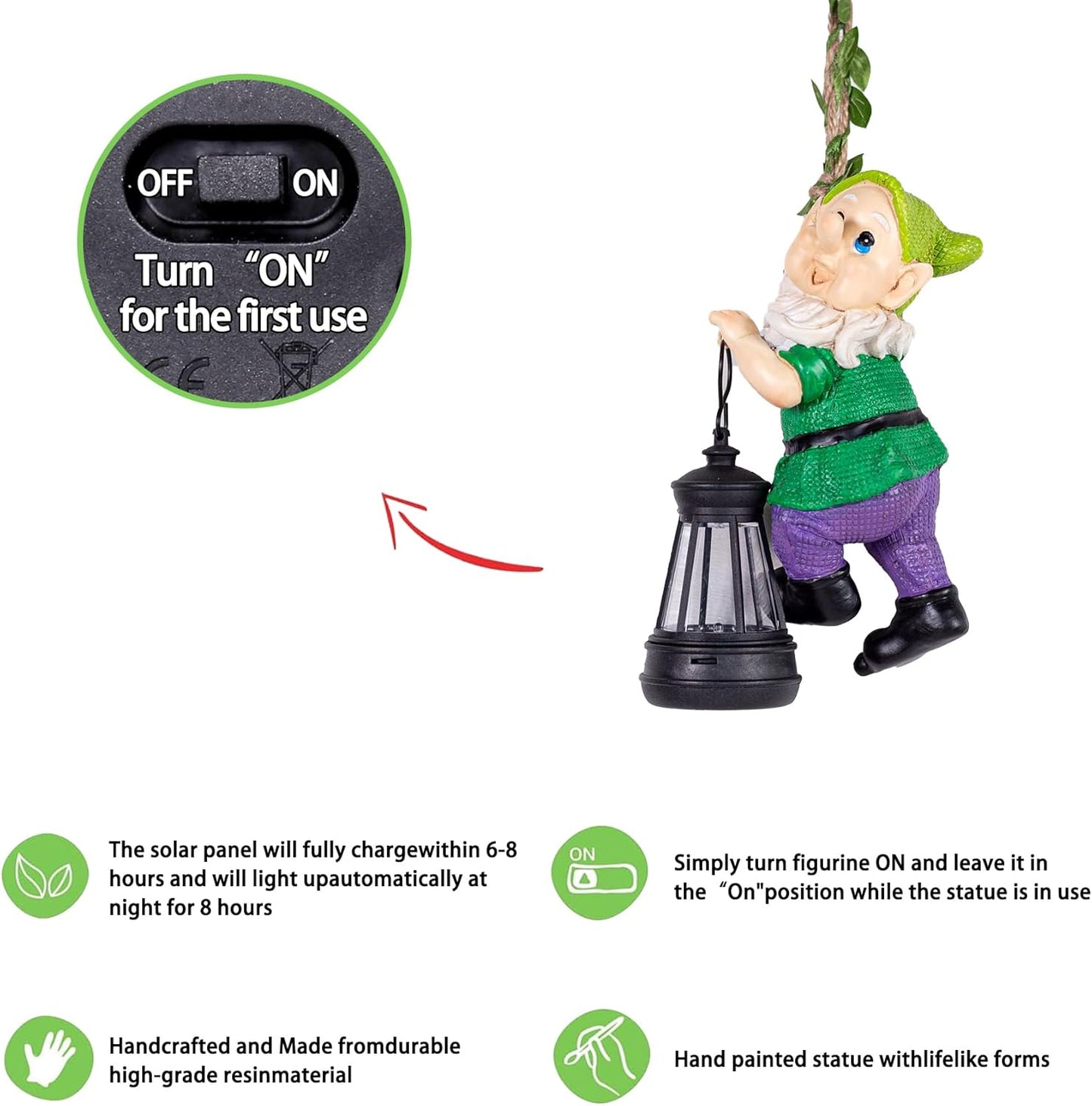 Garden Gnome Solar Lantern Decoration, Green and Purple, Weather-Resistant Resin, Hanging Style, Solar Powered, Whimsical Garden Decor, 6.3 Inch Height