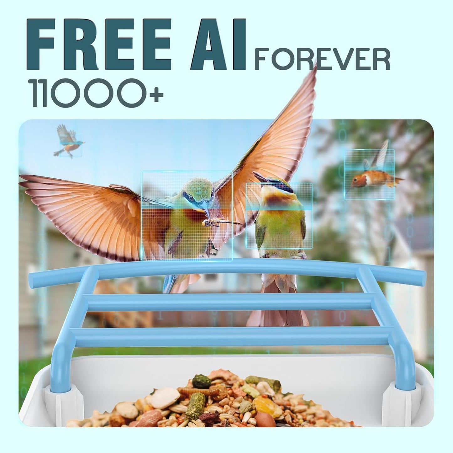 Bird Feeder with Camera, Free AI Forever for 11,000+ Species, 64G TF Card & 1080P HD, Solar-Powered Wireless Outdoor Design, App Alerts & Two-Way Audio for Garden (Sky Blue)