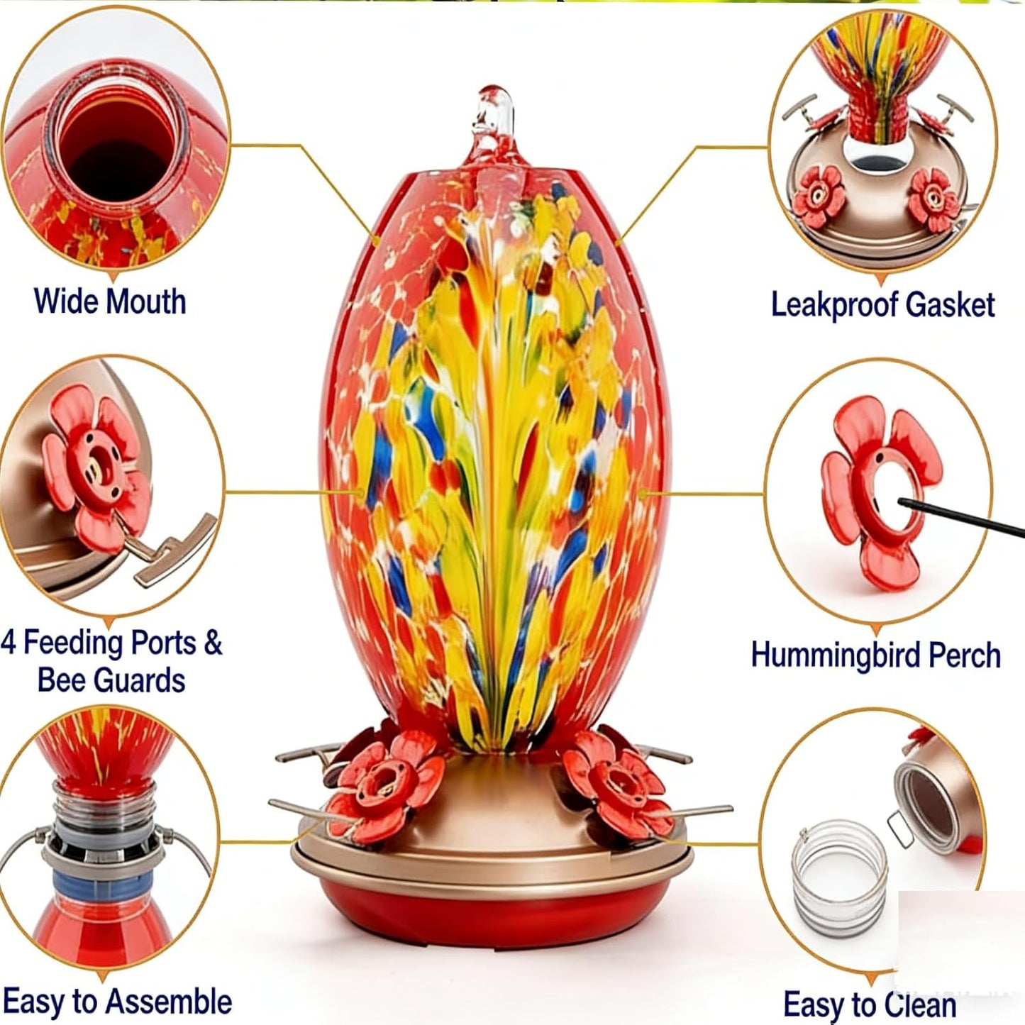 8.27" Hand Blown Glass Hummingbird Feeders for Outdoors - Red Phoenix Humming Bird Feeder with Ant Moat & 4 Metal Perches - Unique Garden Decor Gifts for Mom, Women, Bird Lovers
