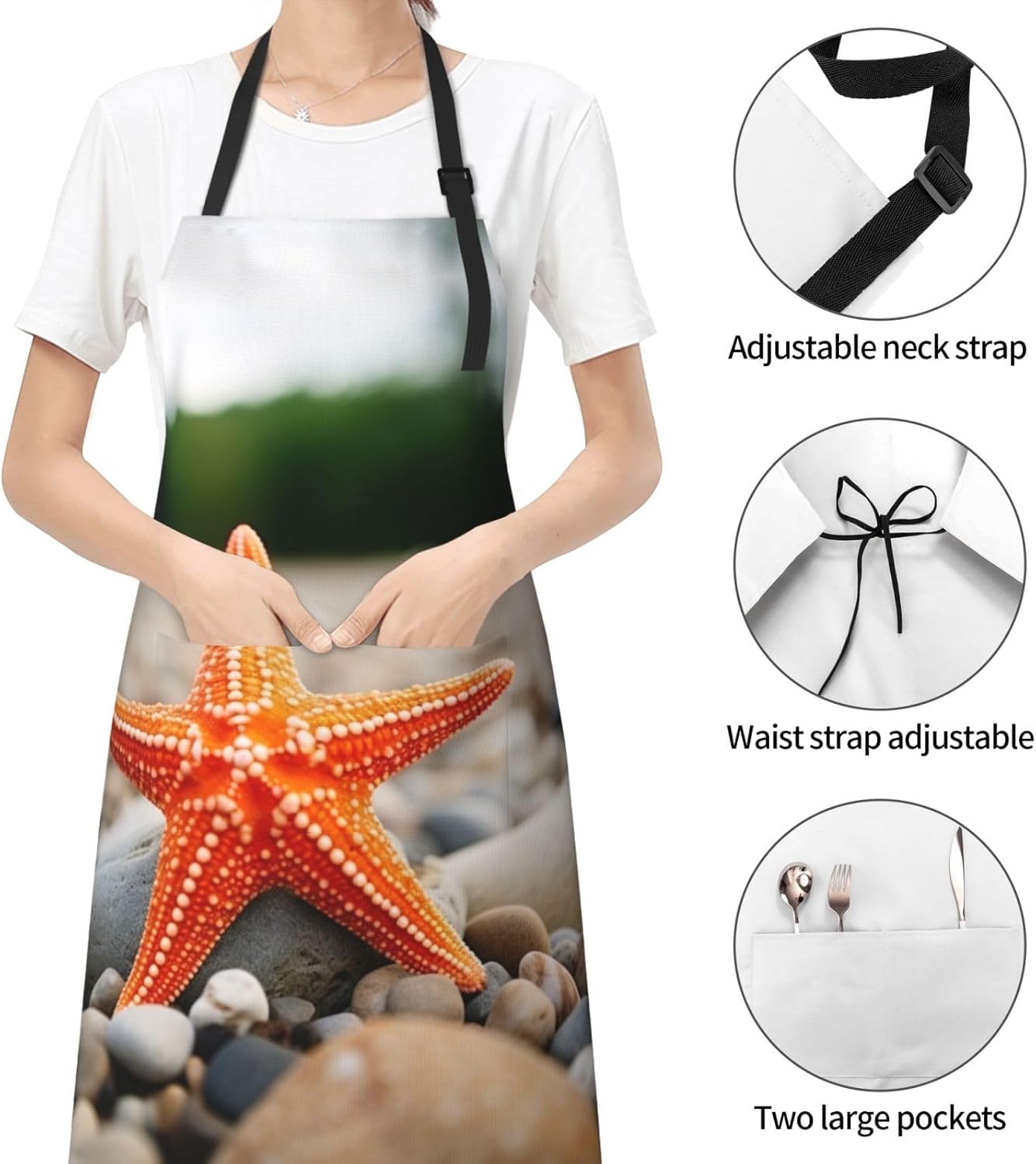 Starfish print Waterproof apron with pocket adjustable cooking apron for adult kitchen bibs to bake