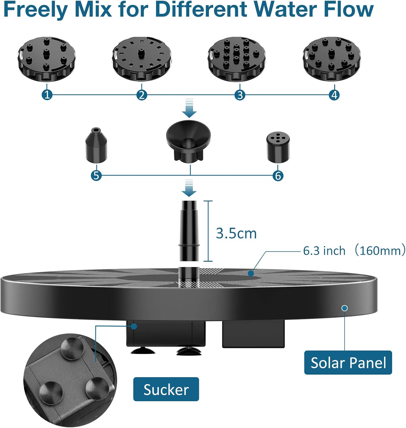 AISITIN Solar Fountain Pump 2.5W, 6.7" Solar Powered Water Fountain Pump for Bird Bath, solar pump for fountain with 6 Nozzles for Garden, Ponds, Pool, Fish Tank, Outdoor and Aquarium