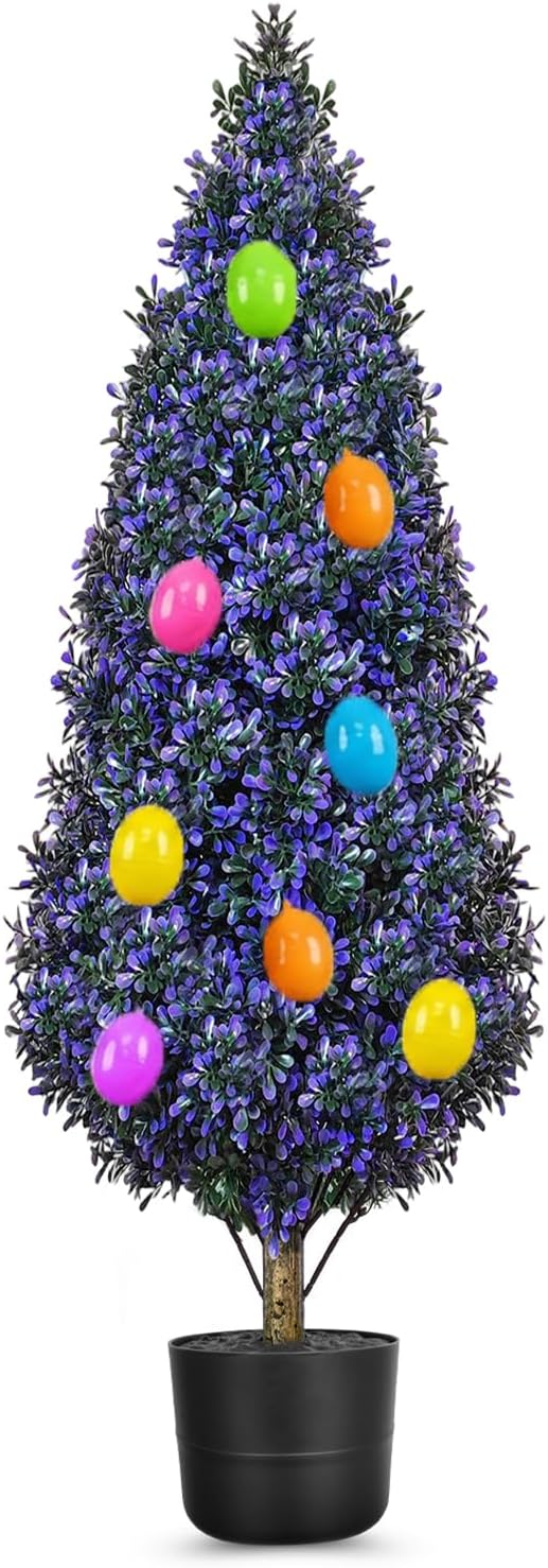 Easter Artificial Topiary Lavender Tree Plants Tree with Coloful Eggs, 3FT Outdoor Fake Boxwood with Planter & Spikes, UV Resistant Faux Greenery for Indoor Porch Office Spring Decor- Purple