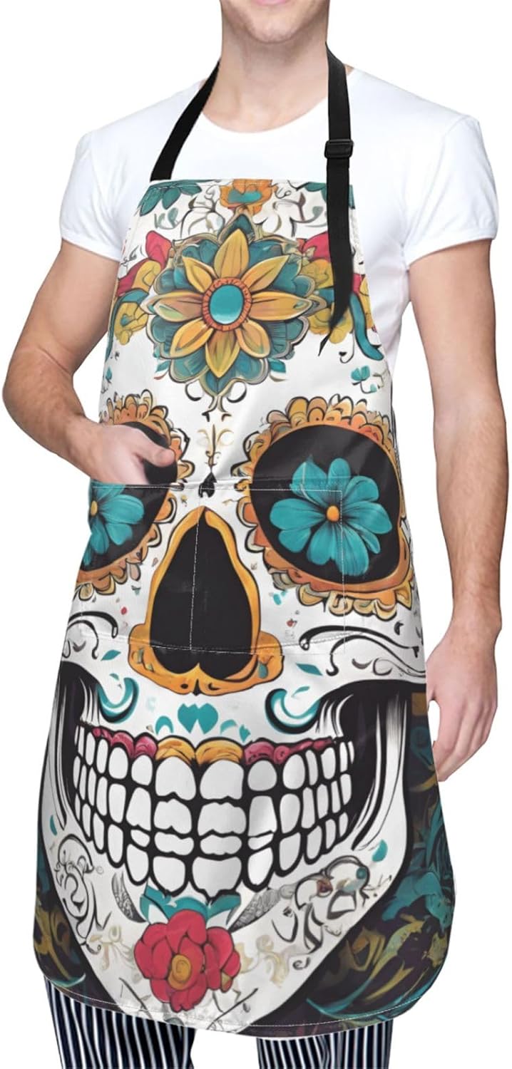 YANYU Floral Skull Print 28x33 In Kitchen Apron Stylish Chef Apron with Pockets for Cooking Baking Painting