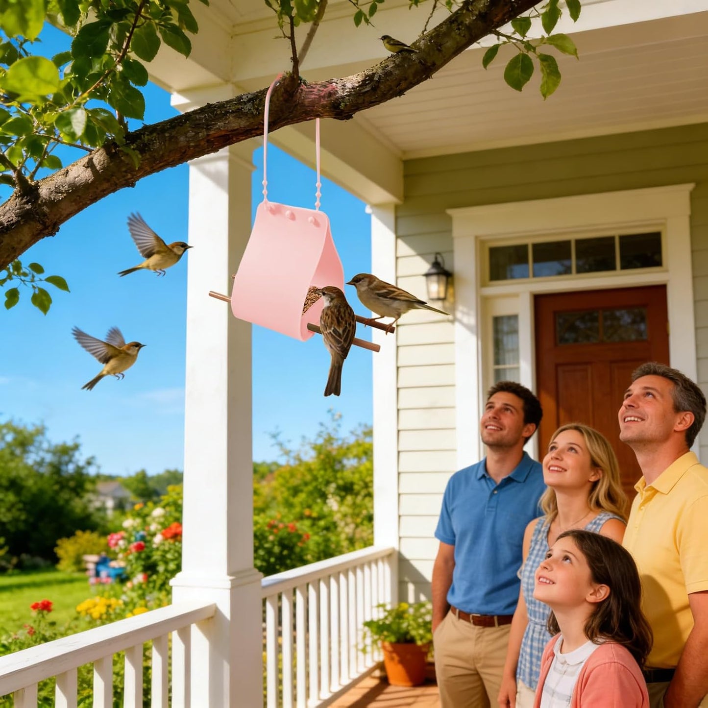 Portable Bird Feeder, Silicone Bowl Bird Feeder, 7 Inch Hanging Dispenser with Wooden Perches, Flexible Silicone Container, Garden Dispenser with Adjustable Strap, Outdoor Container for Decor